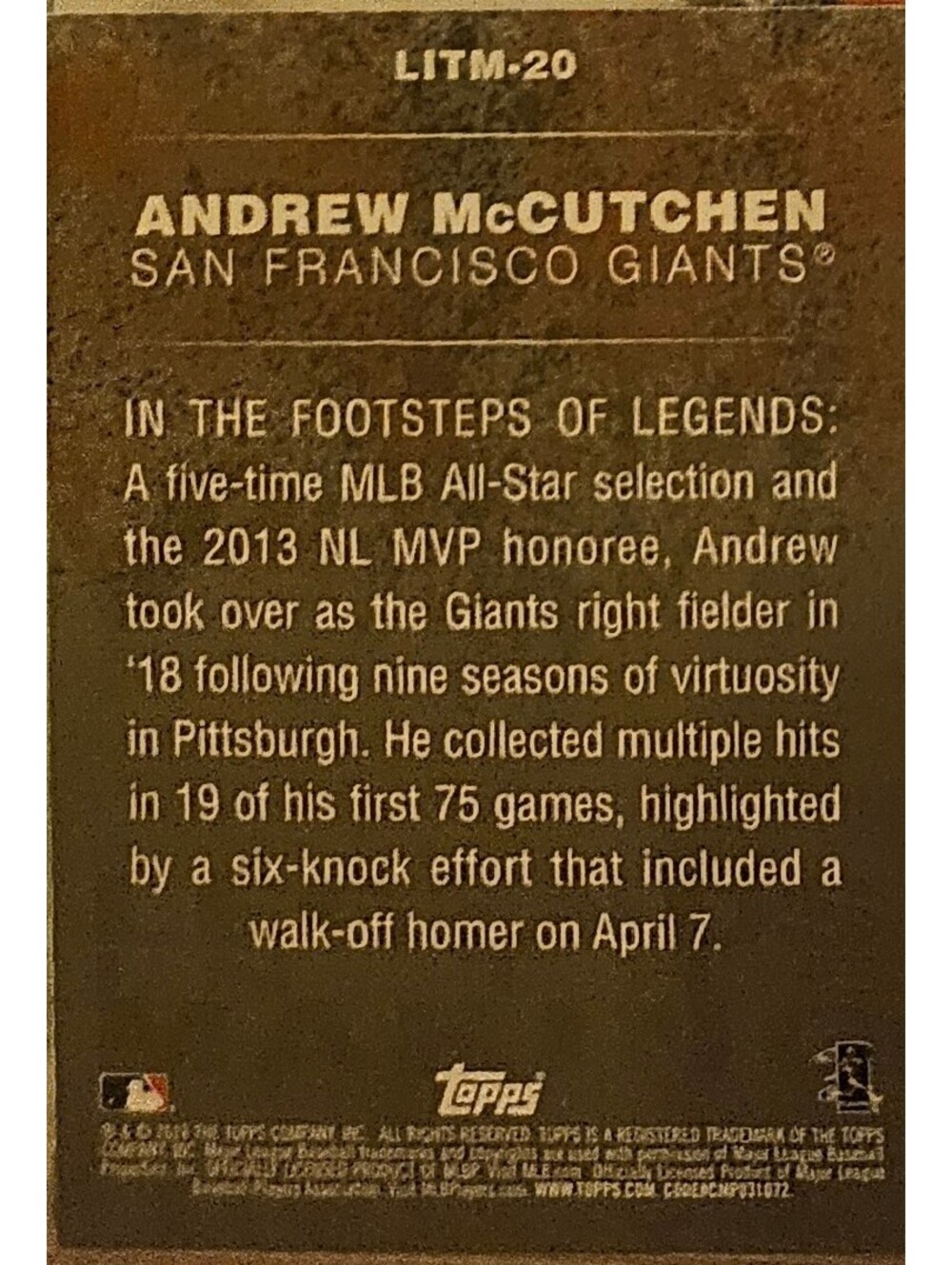 2018 Topps Update Legends in the Making #LITM20 - Andrew McCutchen - Pirates - Picture 2 of 2